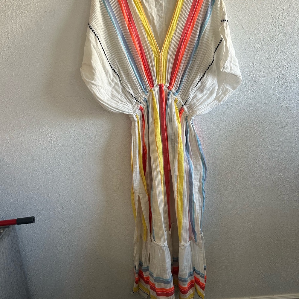 Lemlem White Maxi Dress with Red and Yellow Stripes